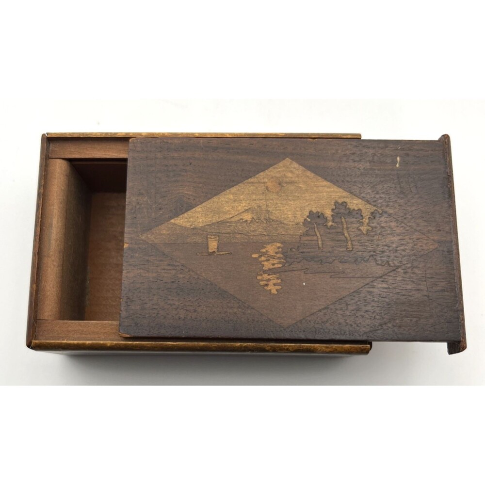 Vtg Japanese Wood Box Keepsake Trinket Box Mt Fuji Inlaid Marquetry Sliding Lid